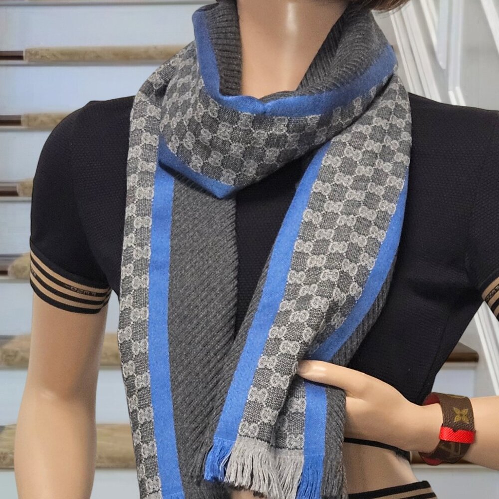 Gucci GG jacquard panel accented by blue stripe borders